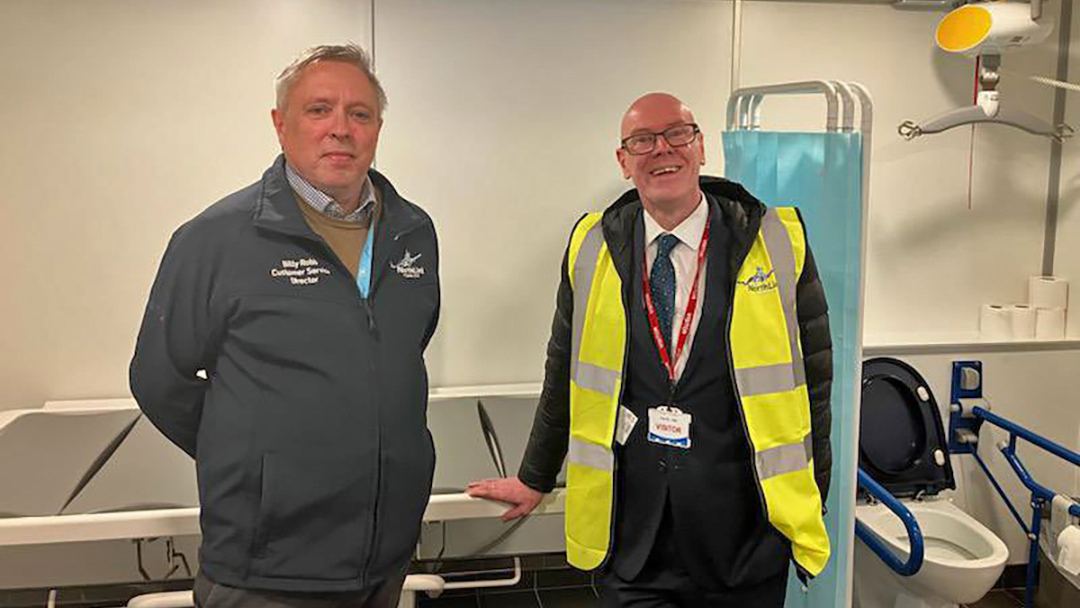 Billy Robb (Customer Service Director) giving Kevin Stewart (Minister of Transport) a tour onboard a NorthLink Ferries' vessel