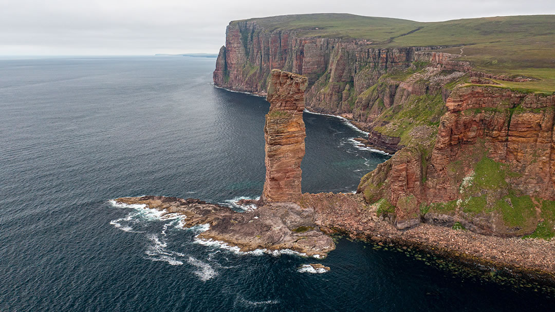 Aerial shot of the Old Man of Hoy in Orkney