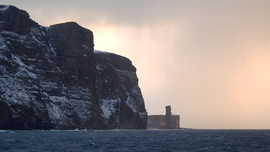The Old Man of Hoy and St John's Head in the snow