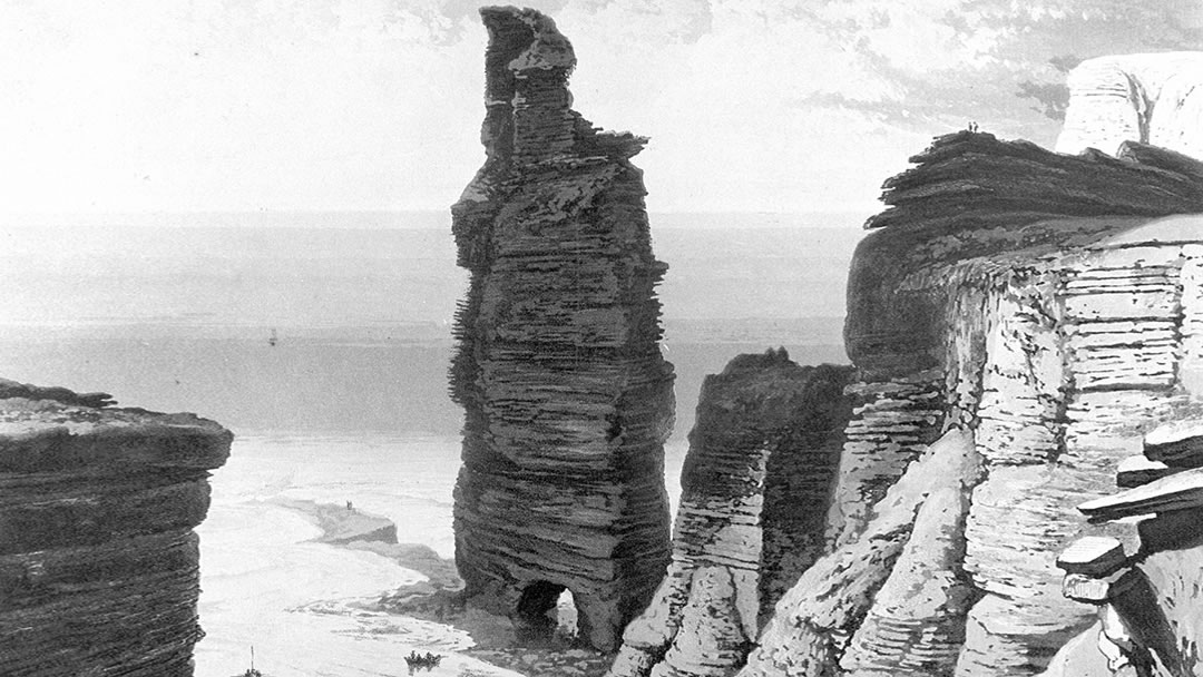 The Old Man of Hoy in 1819 has two legs. Sketch by WIlliam Daniell