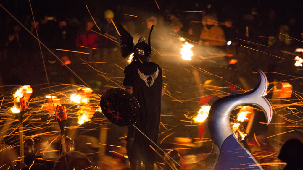 The Guizer Jarl on his galley during Lerwick Up Helly Aa - a Shetland fire festival