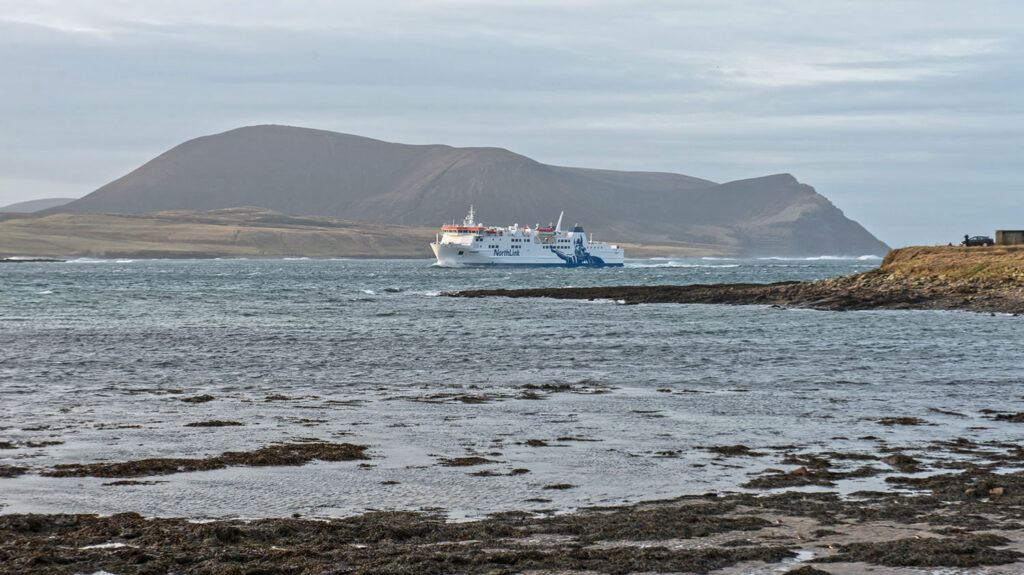MV Hamnavoe nears Stromness in Orkney