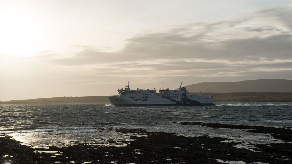 MV Hamnavoe arrives in Orkney during winter