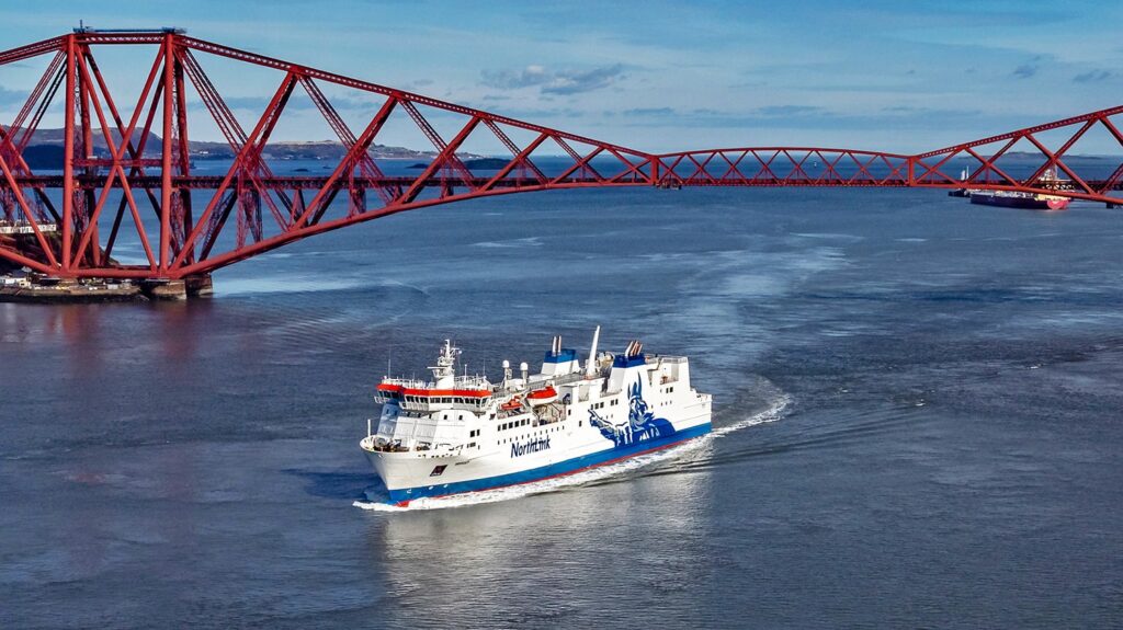 MV Hrossey approaching the Forth Rail Bridge on way to Rosyth for dry dock