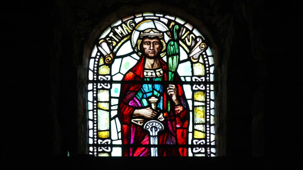 Stained glass in St Magnus Cathedral, featuring Magnus Erlendsson
