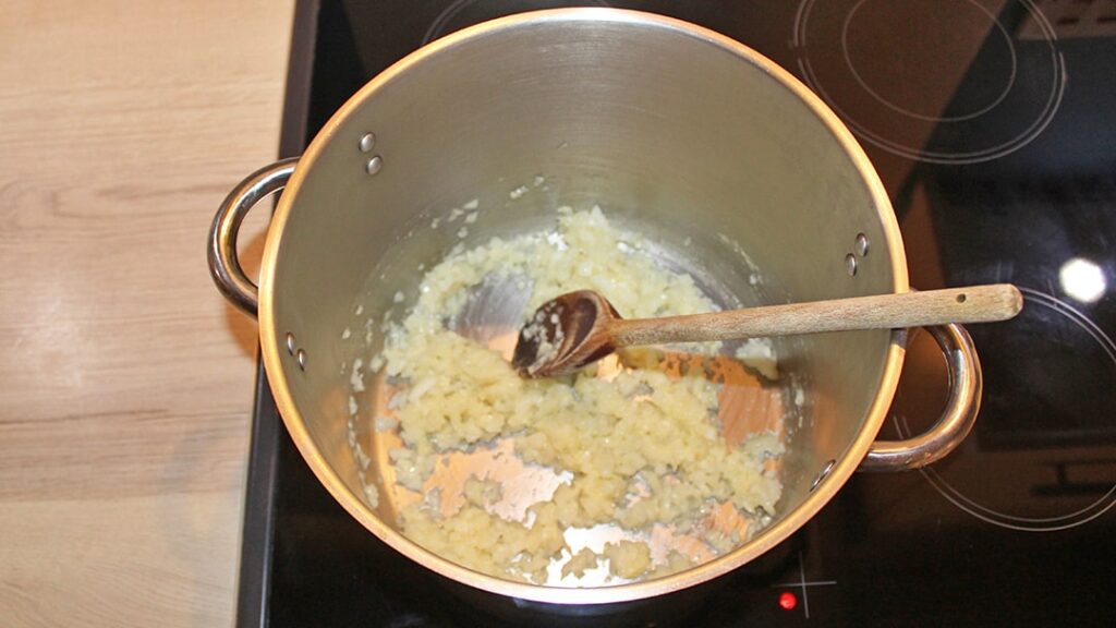 Cooking the onion, garlic and ginger