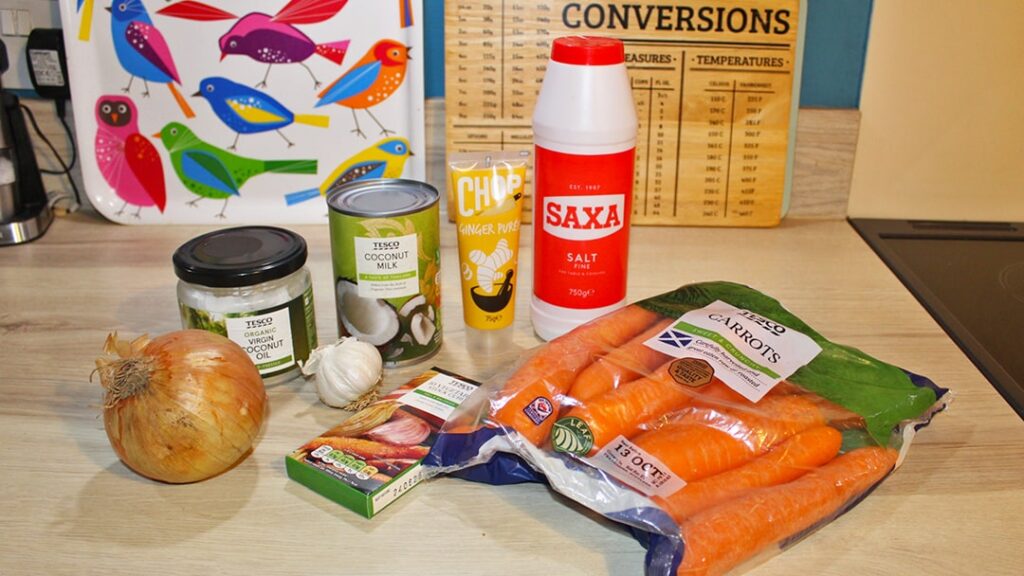 Ingredients to make carrot and ginger soup