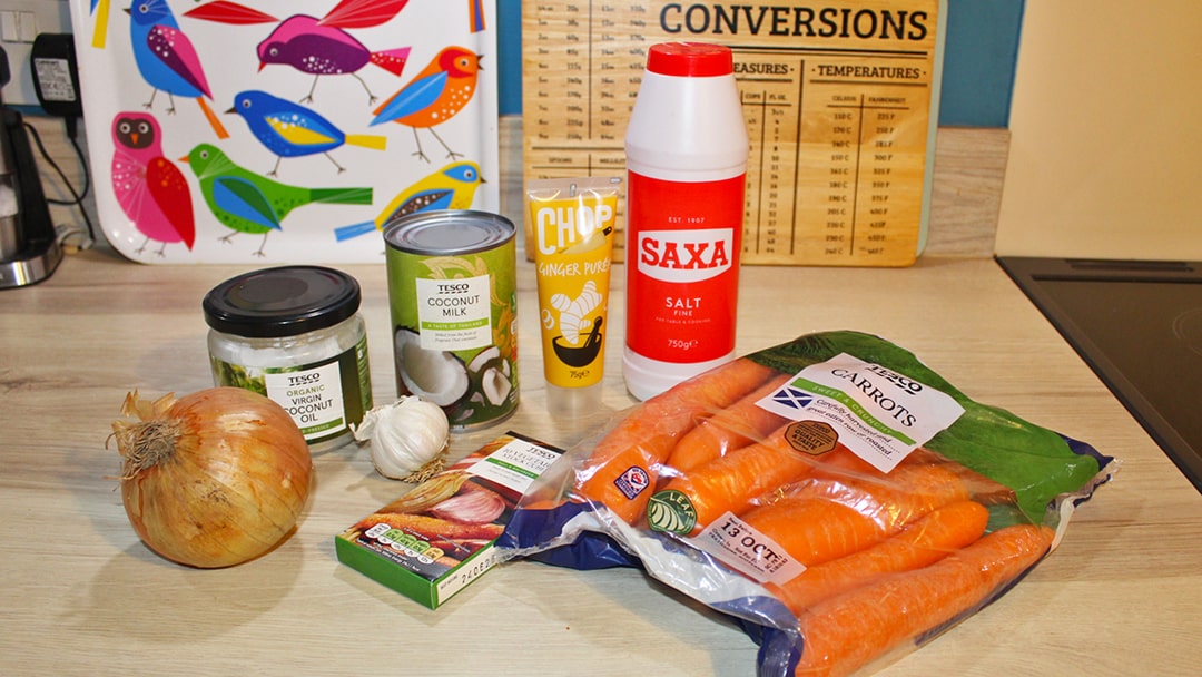 Ingredients to make carrot and ginger soup