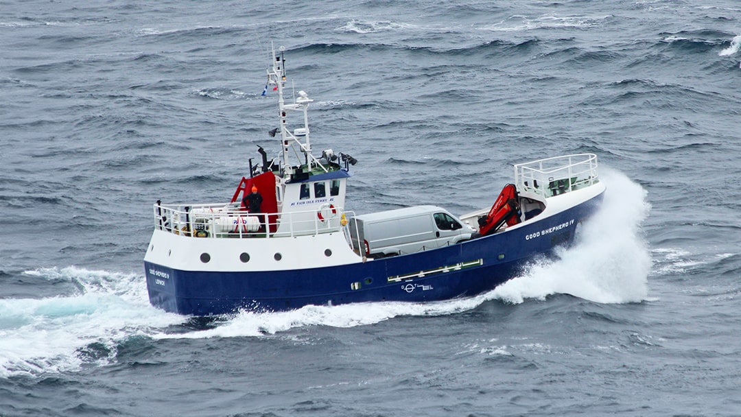The Good Shepherd sails from Grutness Pier at Sumburgh to Fair Isle