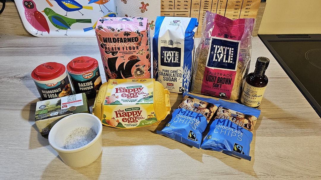 Ingredients to make Fairtrade chocolate chip cookies