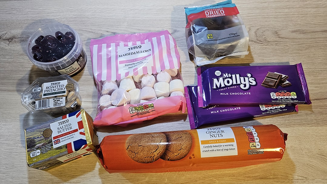 The ingredients for Yuletide Rocky Road Log