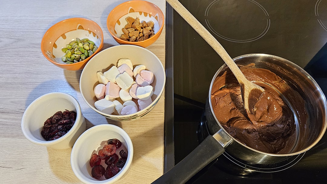 The melted chocolate mixture with the prepared ingredients to add