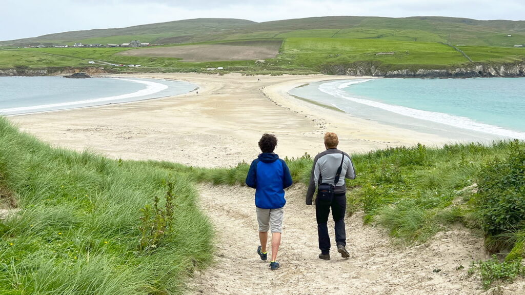Robin and David visiting St Ninian's Isle in Shetland