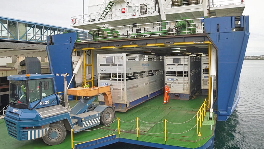 Loading livestock containers onboard the MV Hildasay
