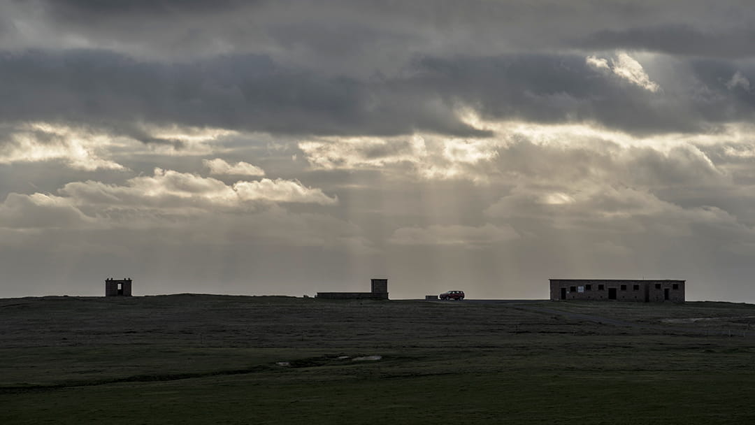 The abandoned wartime buildings at Yesnaby