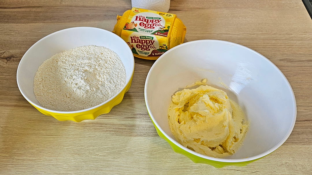 Cream the butter and sugar together, then add the eggs and flour
