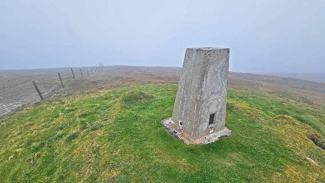 The summit of Fitty Hill in Westray in the fog