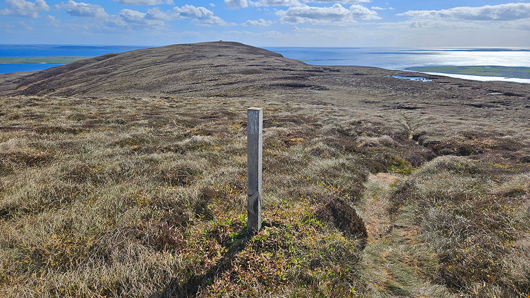 White Marker posts at the top of Blotchnie Fiold in Rousay