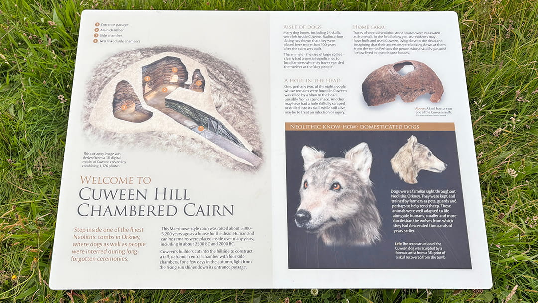 Information board outside Cuween Hill Chambered Cairn