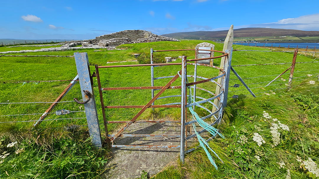 The gate to Cubbie Roo's Castle in Wyre, Orkney