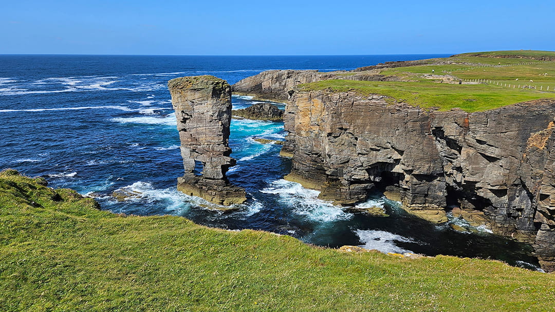 Yesnaby Castle on a sunny day in Orkney